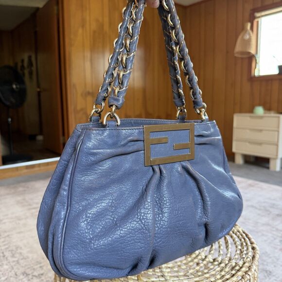 Fendi Handbags - FENDI Crinkled Lambskin Mia Tote Blue Gray Leather Shoulder Handbag Authentic